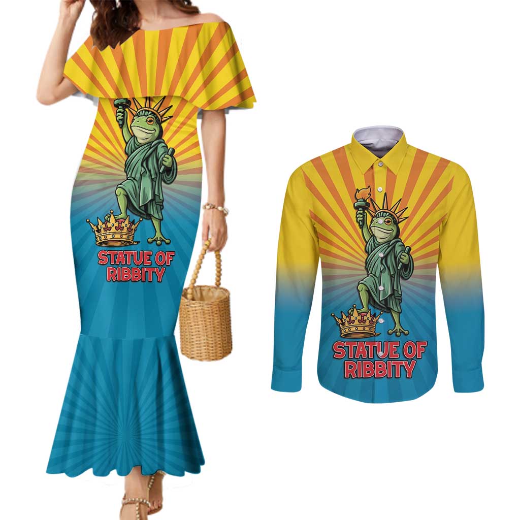 Lady Liberty Portland Frog Couples Matching Mermaid Dress and Long Sleeve Button Shirt Frog Protest No Kings In America - Wonder Print Shop