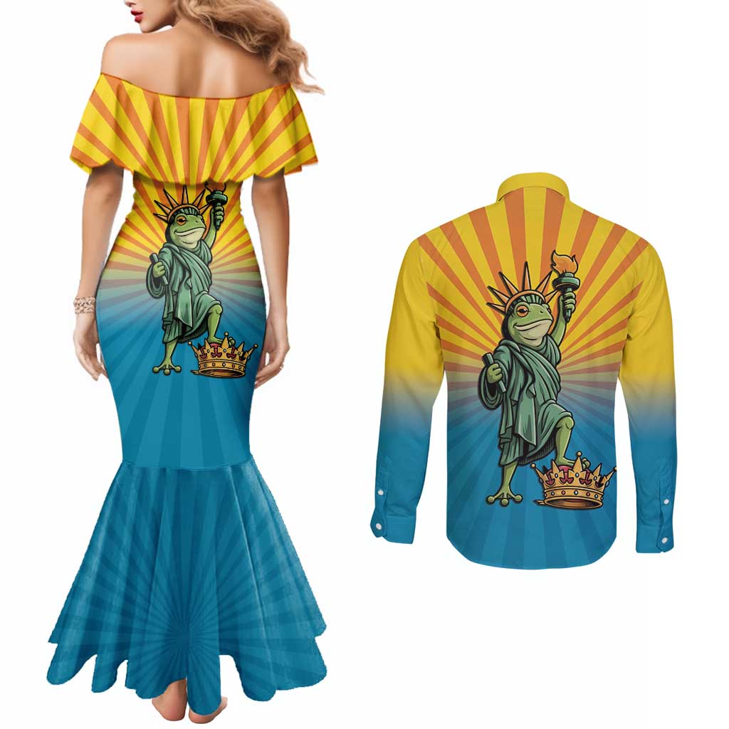 Lady Liberty Portland Frog Couples Matching Mermaid Dress and Long Sleeve Button Shirt Frog Protest No Kings In America - Wonder Print Shop