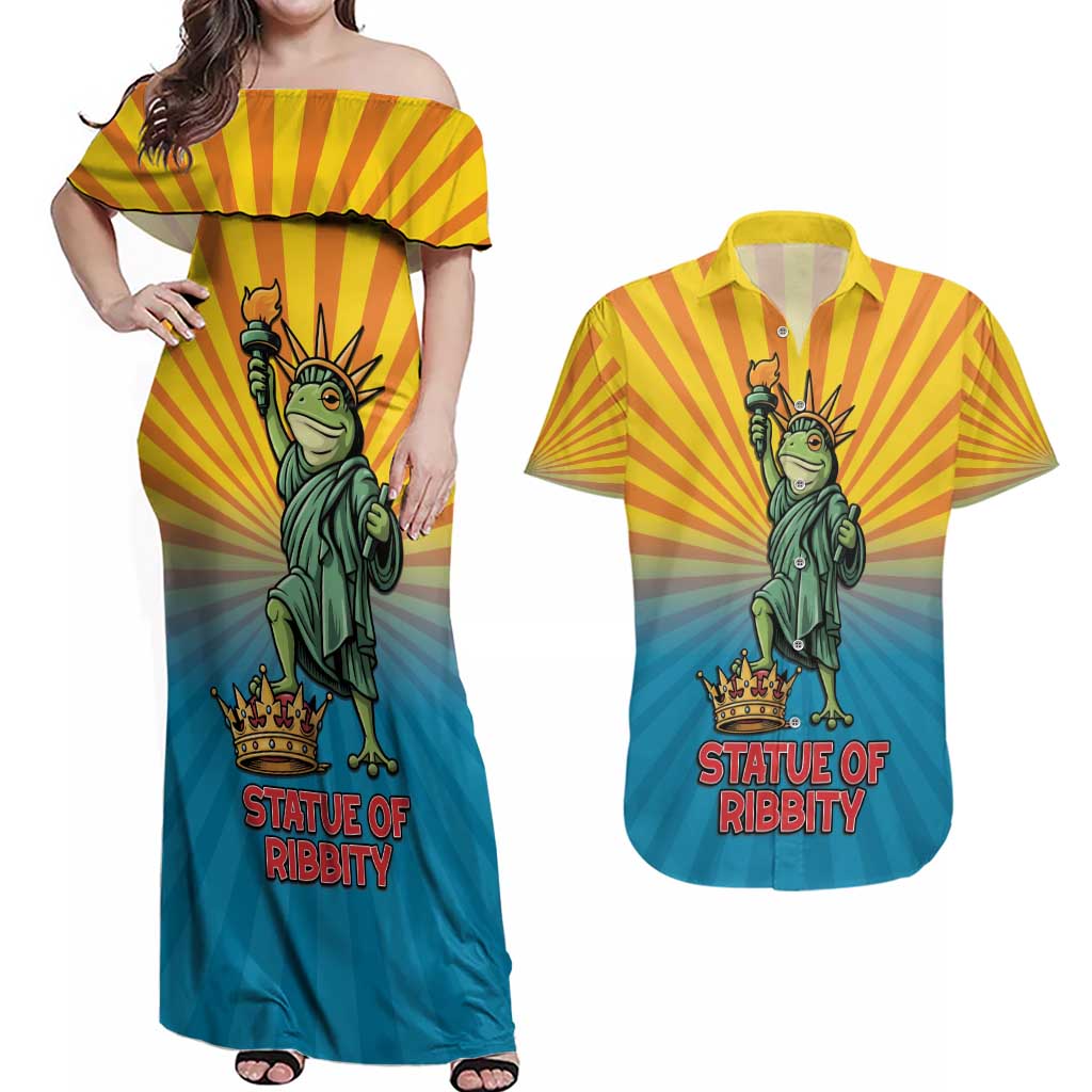 Lady Liberty Portland Frog Couples Matching Off Shoulder Maxi Dress and Hawaiian Shirt Frog Protest No Kings In America - Wonder Print Shop