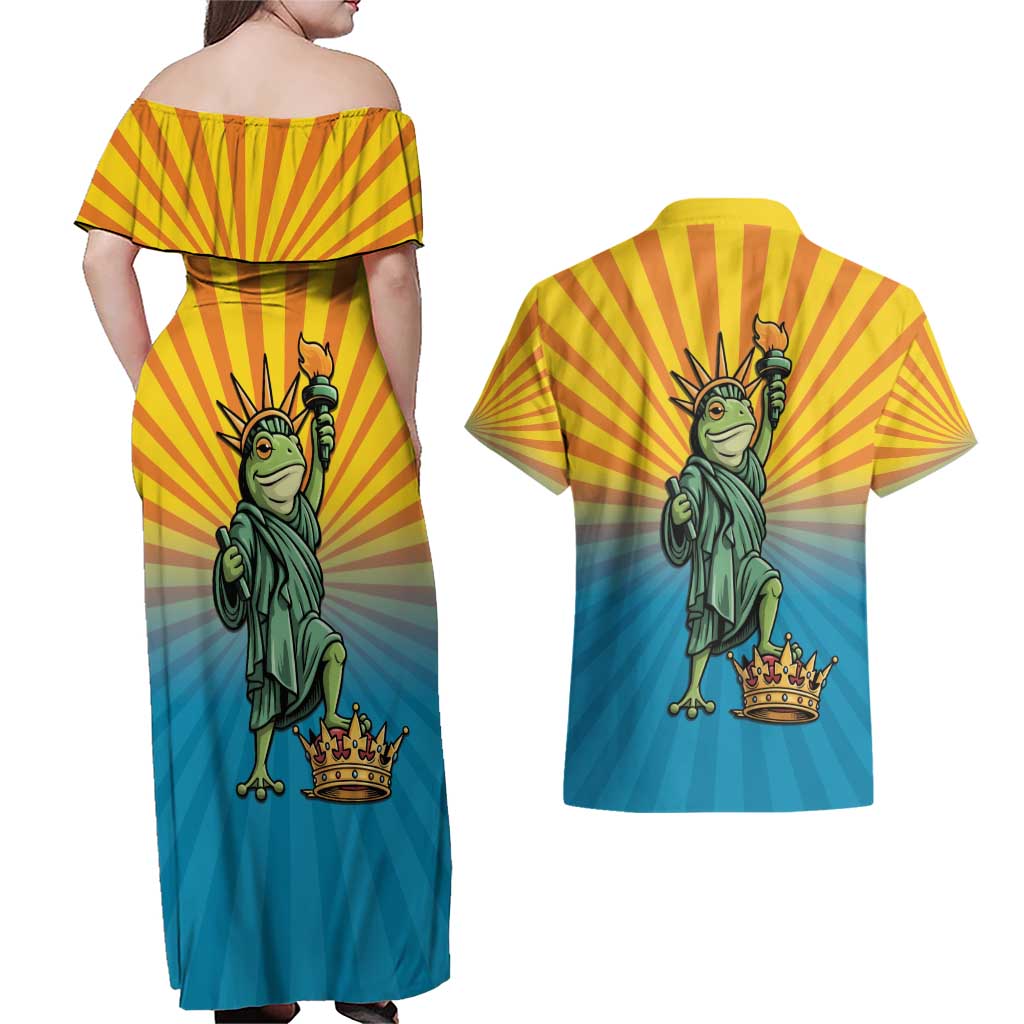Lady Liberty Portland Frog Couples Matching Off Shoulder Maxi Dress and Hawaiian Shirt Frog Protest No Kings In America - Wonder Print Shop