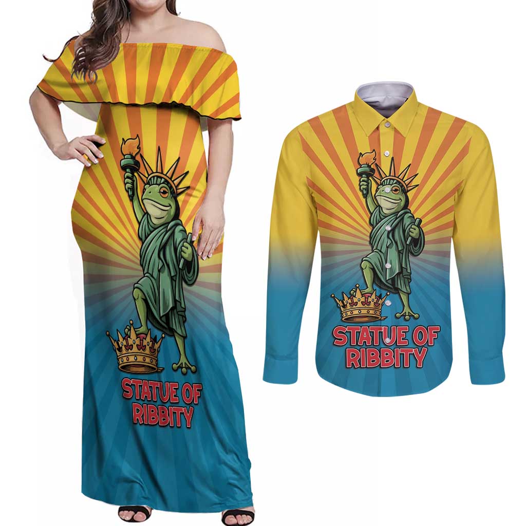 Lady Liberty Portland Frog Couples Matching Off Shoulder Maxi Dress and Long Sleeve Button Shirt Frog Protest No Kings In America - Wonder Print Shop