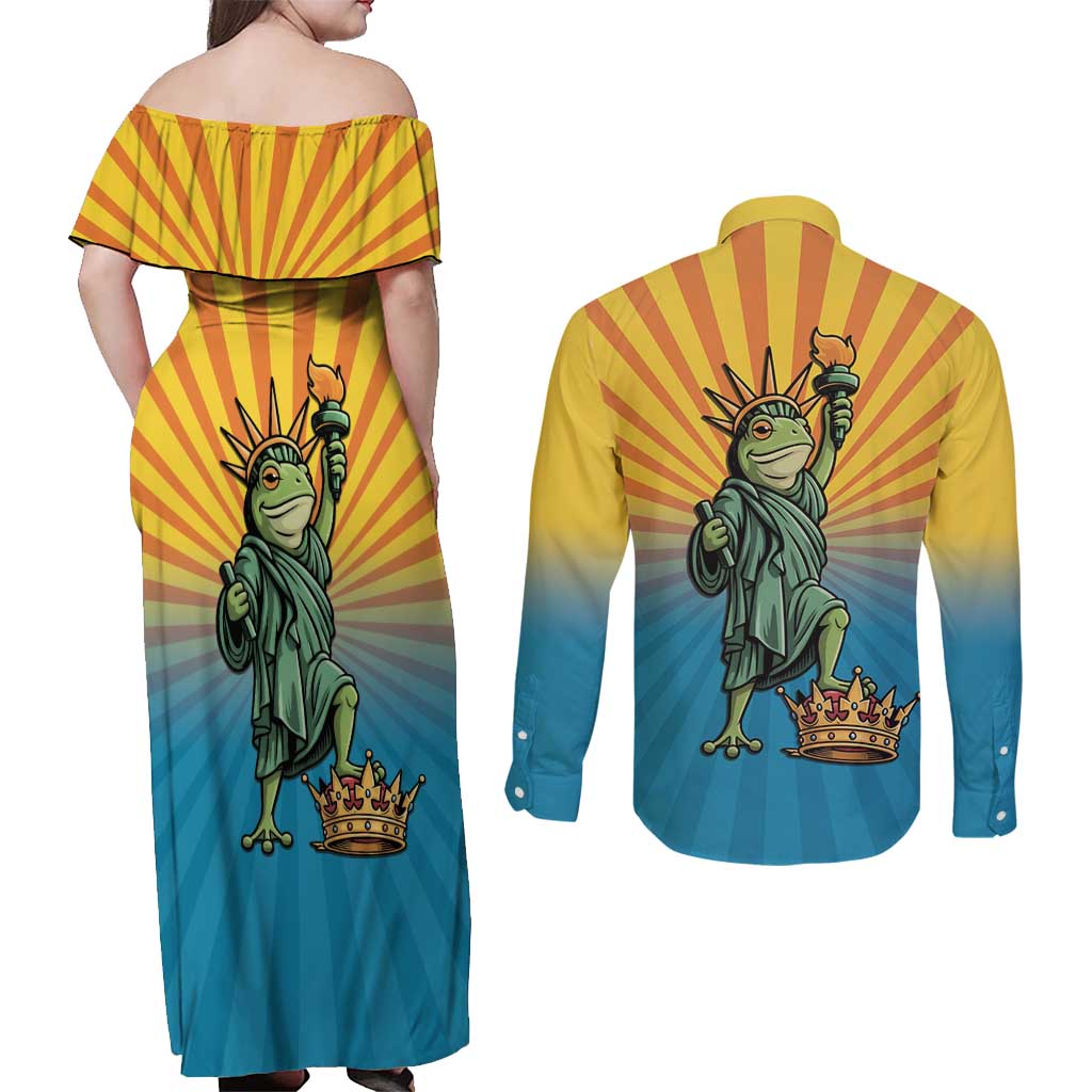 Lady Liberty Portland Frog Couples Matching Off Shoulder Maxi Dress and Long Sleeve Button Shirt Frog Protest No Kings In America - Wonder Print Shop