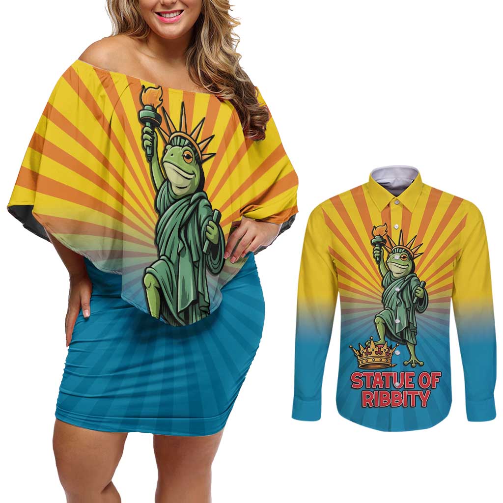Lady Liberty Portland Frog Couples Matching Off Shoulder Short Dress and Long Sleeve Button Shirt Frog Protest No Kings In America - Wonder Print Shop