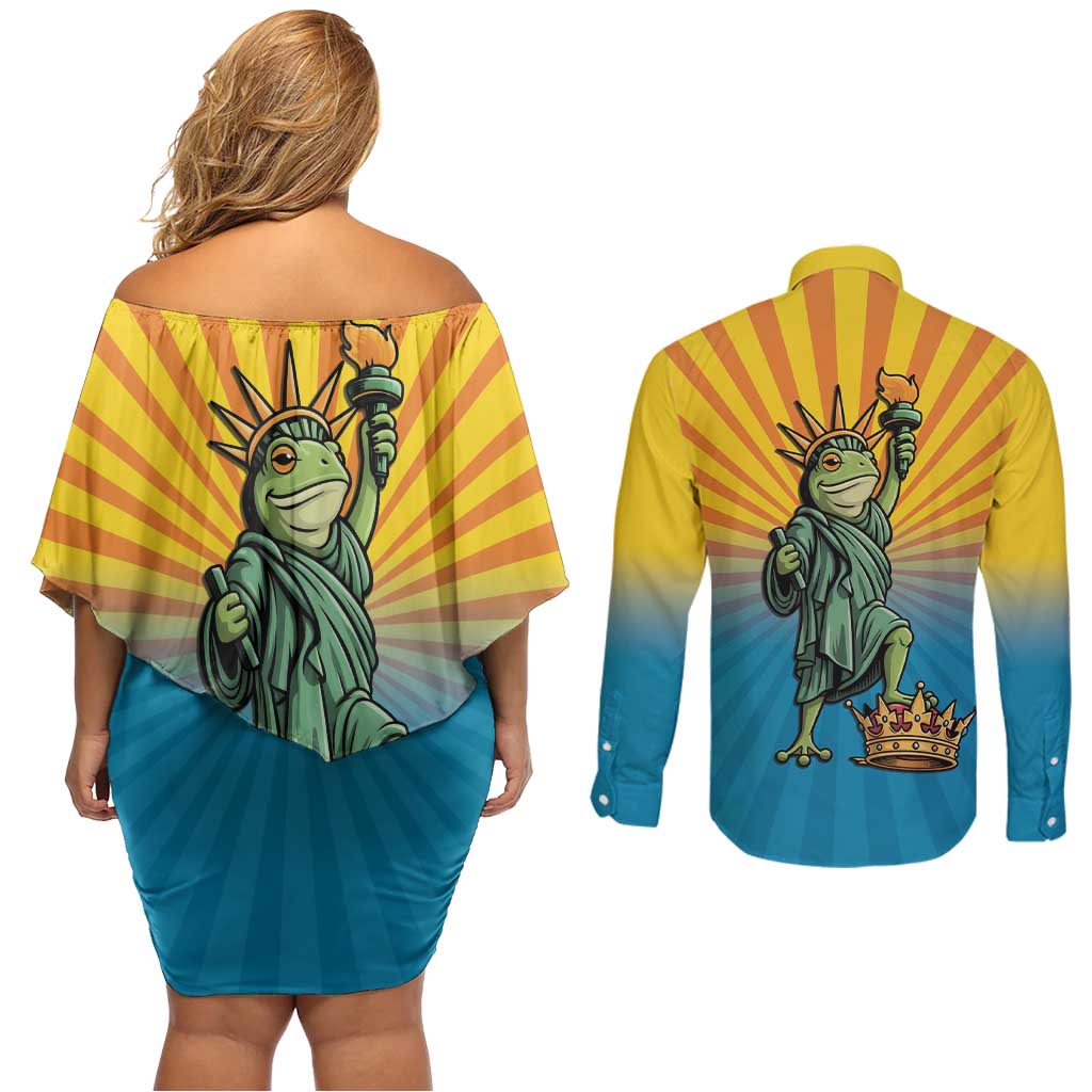 Lady Liberty Portland Frog Couples Matching Off Shoulder Short Dress and Long Sleeve Button Shirt Frog Protest No Kings In America - Wonder Print Shop