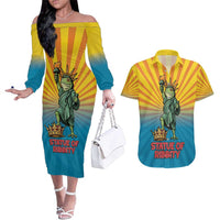 Lady Liberty Portland Frog Couples Matching Off The Shoulder Long Sleeve Dress and Hawaiian Shirt Frog Protest No Kings In America - Wonder Print Shop