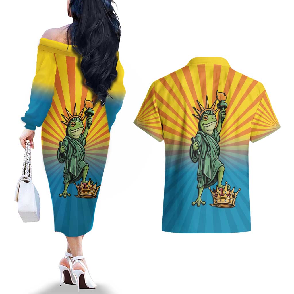 Lady Liberty Portland Frog Couples Matching Off The Shoulder Long Sleeve Dress and Hawaiian Shirt Frog Protest No Kings In America - Wonder Print Shop