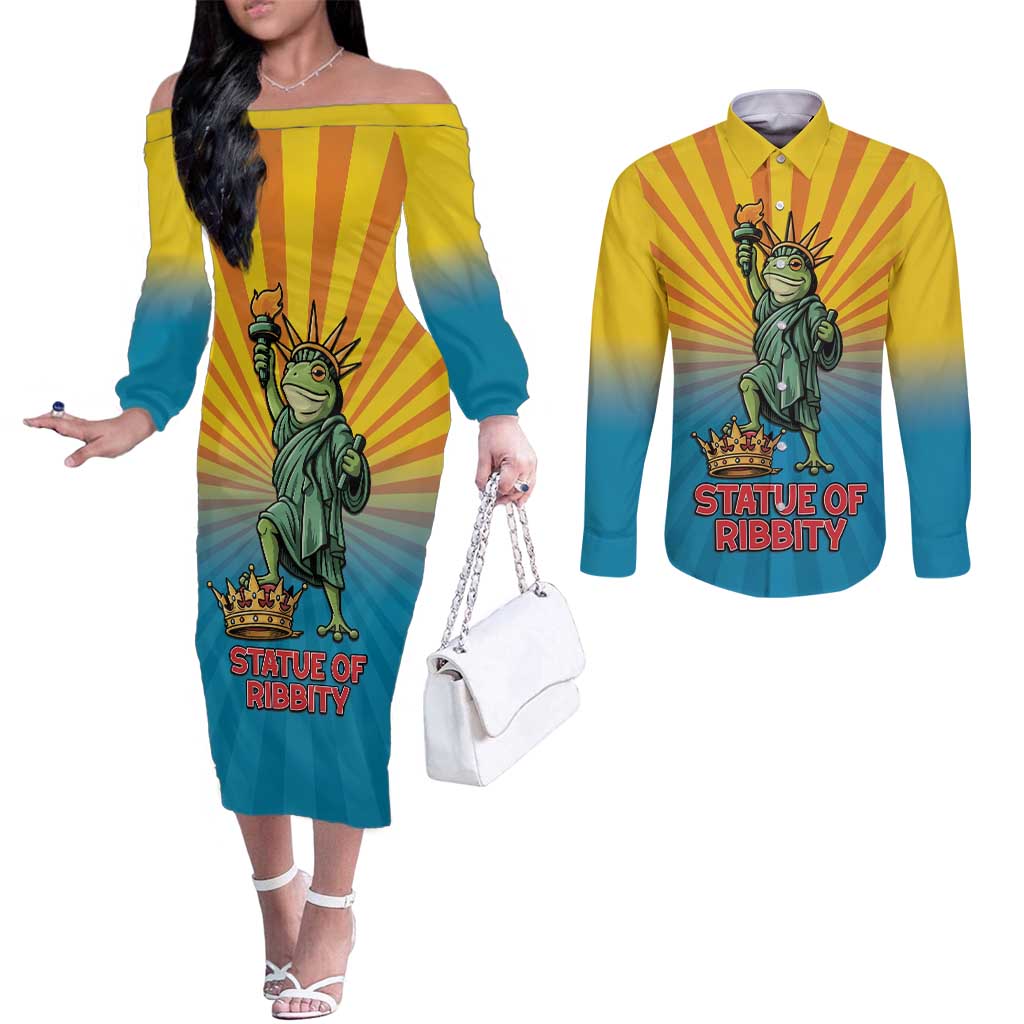 Lady Liberty Portland Frog Couples Matching Off The Shoulder Long Sleeve Dress and Long Sleeve Button Shirt Frog Protest No Kings In America - Wonder Print Shop