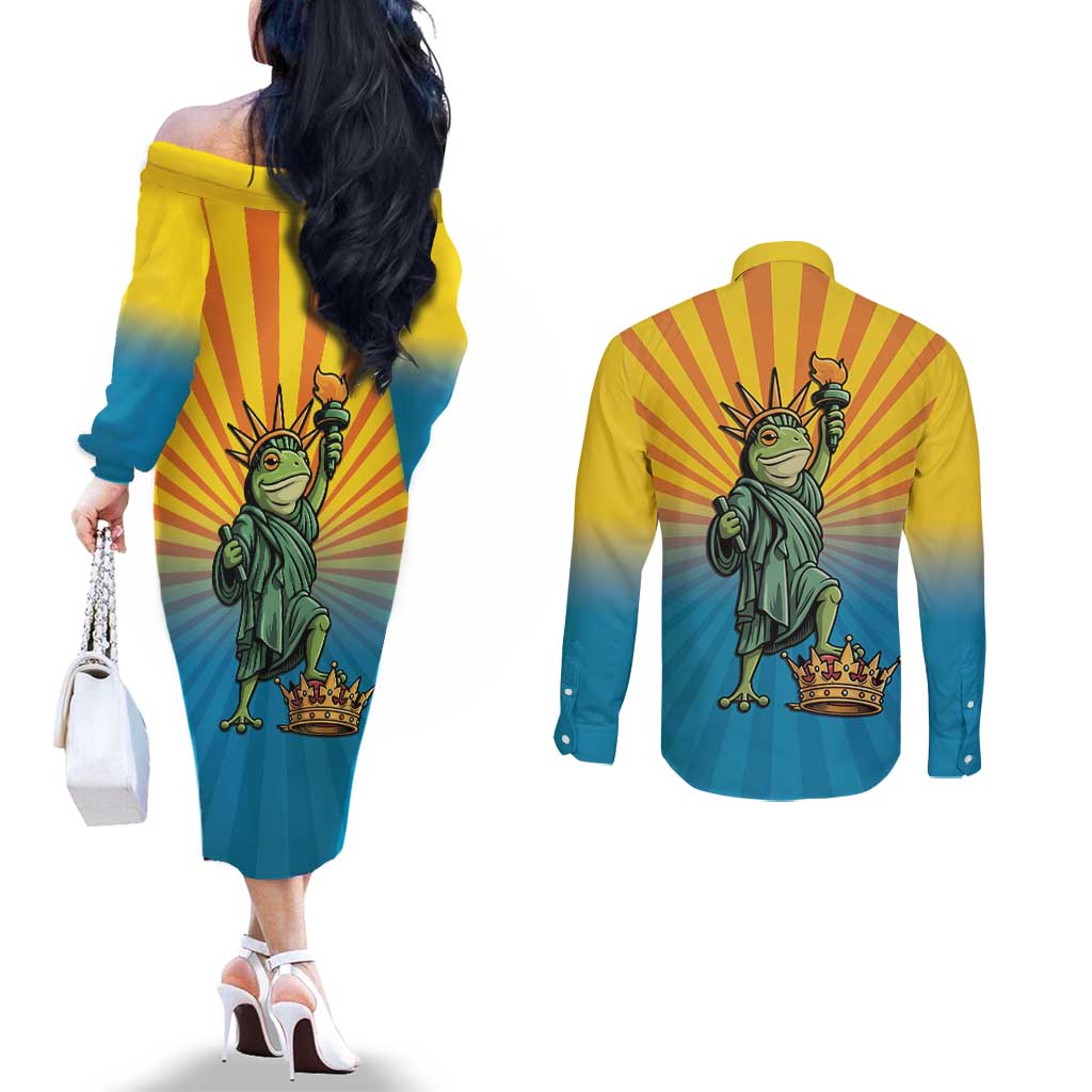 Lady Liberty Portland Frog Couples Matching Off The Shoulder Long Sleeve Dress and Long Sleeve Button Shirt Frog Protest No Kings In America - Wonder Print Shop
