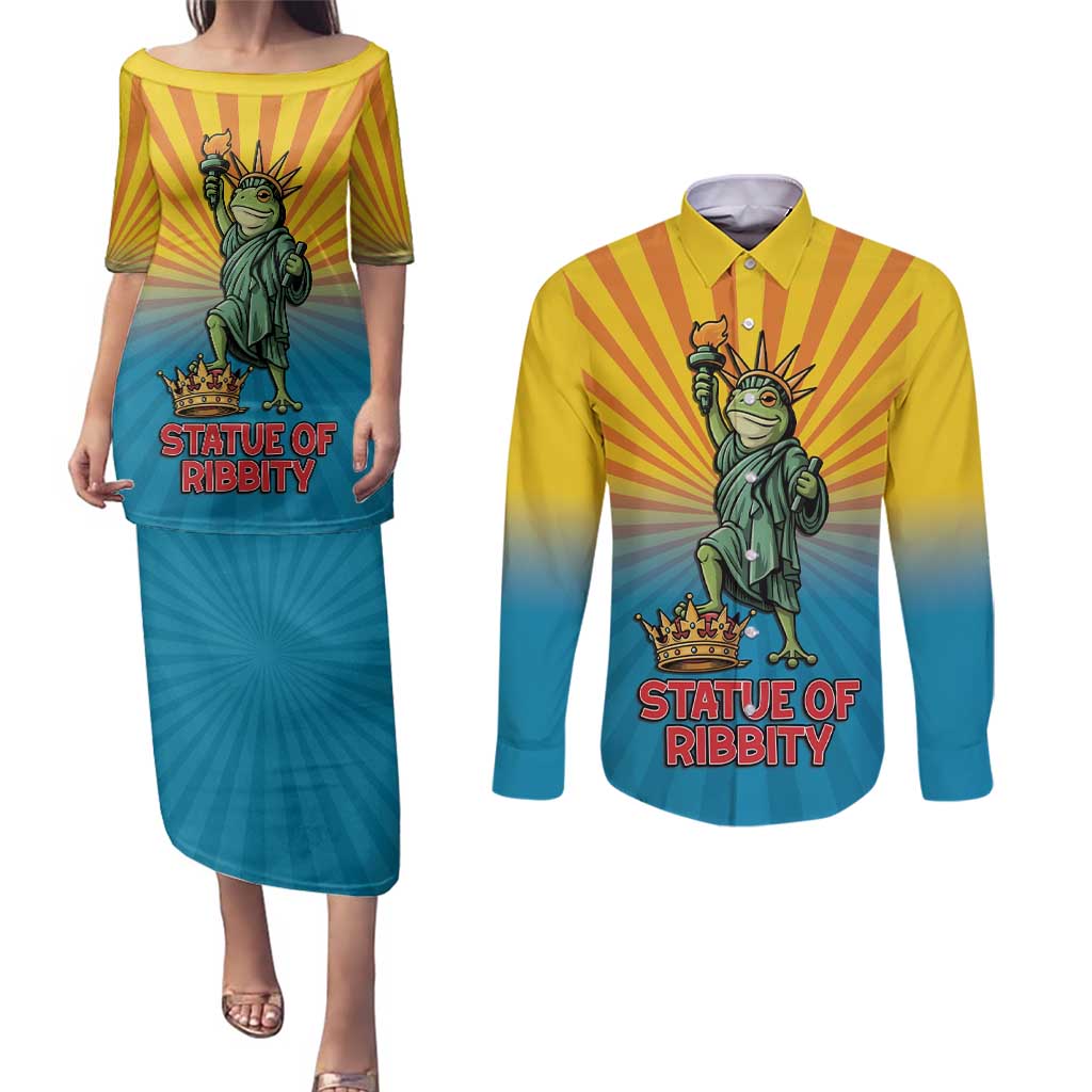 Lady Liberty Portland Frog Couples Matching Puletasi and Long Sleeve Button Shirt Frog Protest No Kings In America - Wonder Print Shop