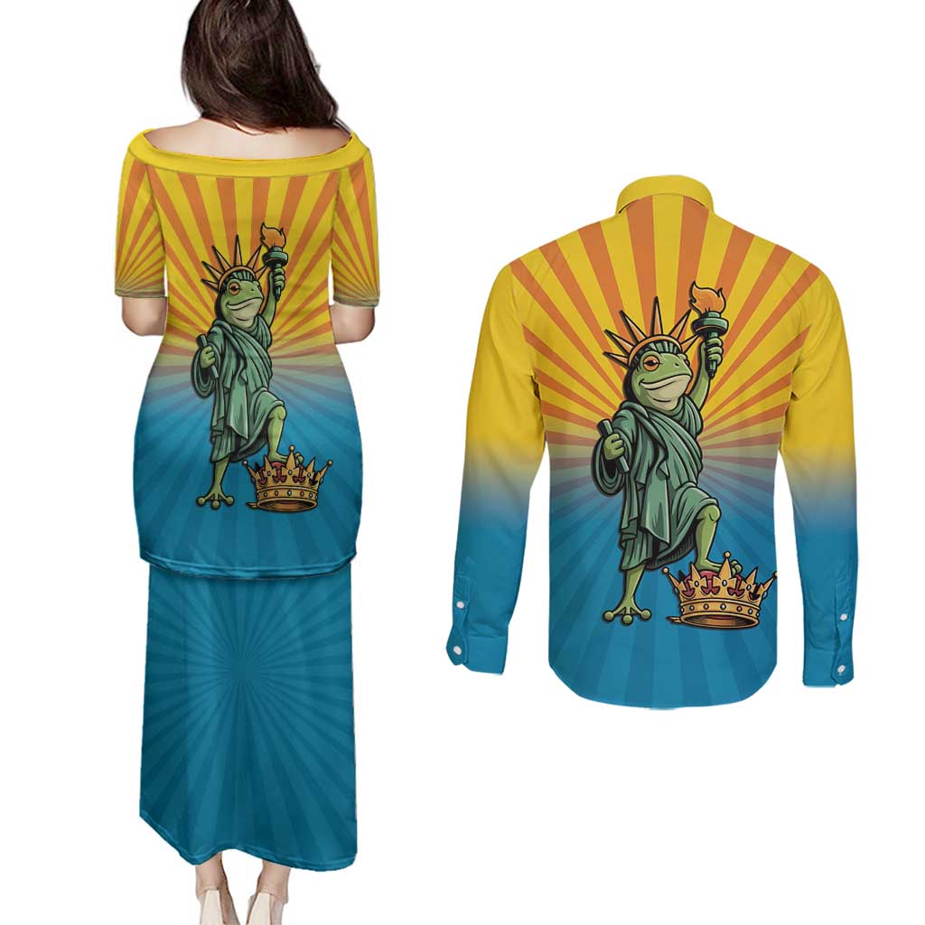 Lady Liberty Portland Frog Couples Matching Puletasi and Long Sleeve Button Shirt Frog Protest No Kings In America - Wonder Print Shop