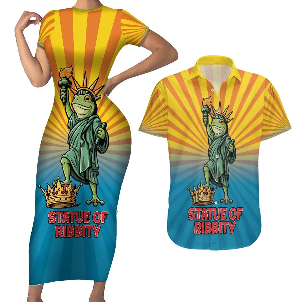 Lady Liberty Portland Frog Couples Matching Short Sleeve Bodycon Dress and Hawaiian Shirt Frog Protest No Kings In America - Wonder Print Shop