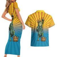 Lady Liberty Portland Frog Couples Matching Short Sleeve Bodycon Dress and Hawaiian Shirt Frog Protest No Kings In America - Wonder Print Shop