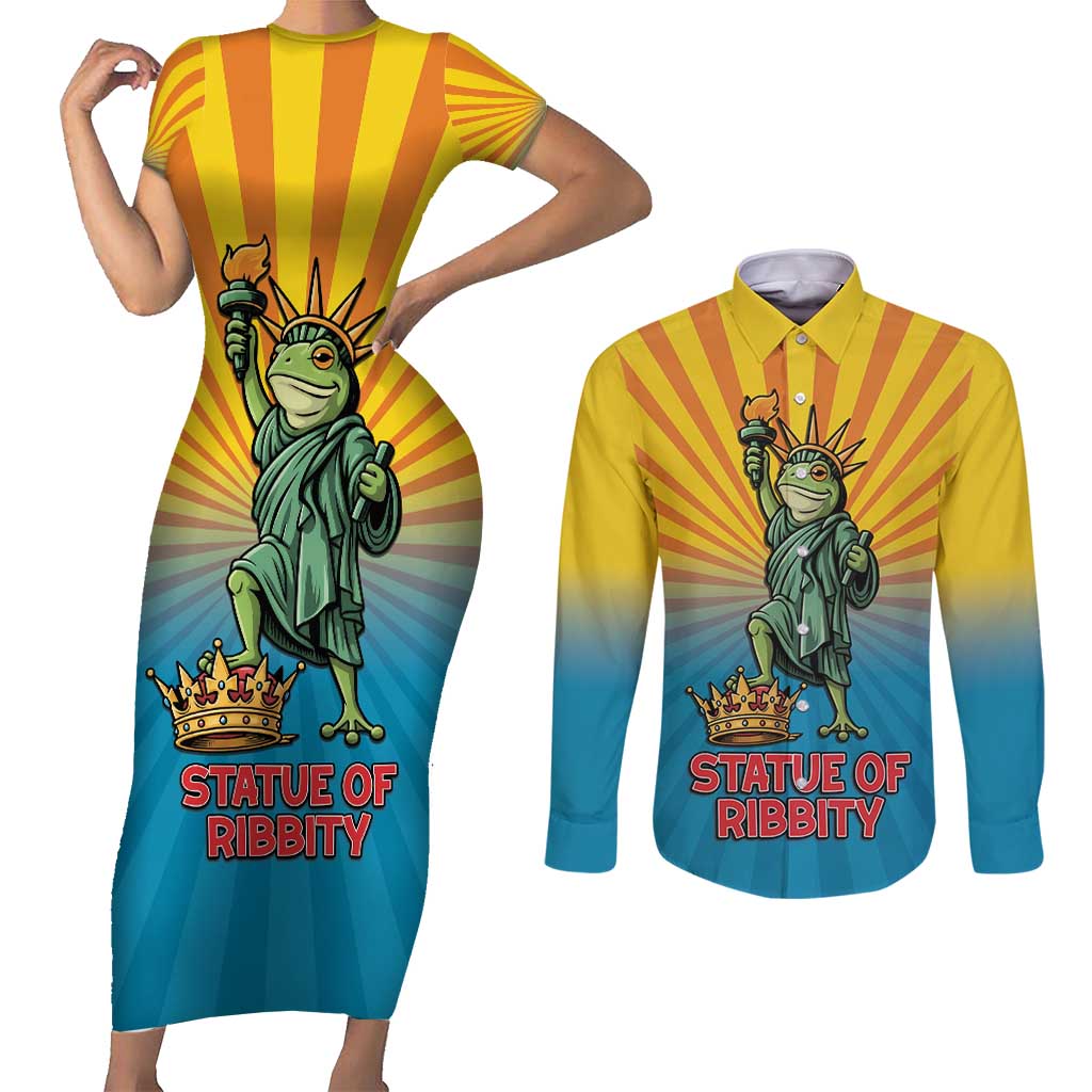 Lady Liberty Portland Frog Couples Matching Short Sleeve Bodycon Dress and Long Sleeve Button Shirt Frog Protest No Kings In America - Wonder Print Shop