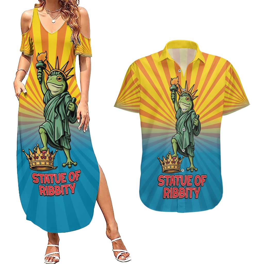 Lady Liberty Portland Frog Couples Matching Summer Maxi Dress and Hawaiian Shirt Frog Protest No Kings In America - Wonder Print Shop