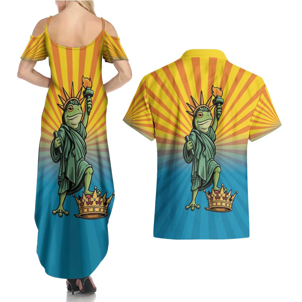 Lady Liberty Portland Frog Couples Matching Summer Maxi Dress and Hawaiian Shirt Frog Protest No Kings In America - Wonder Print Shop