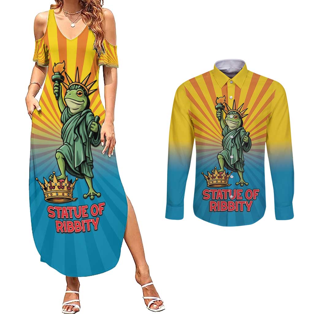 Lady Liberty Portland Frog Couples Matching Summer Maxi Dress and Long Sleeve Button Shirt Frog Protest No Kings In America - Wonder Print Shop