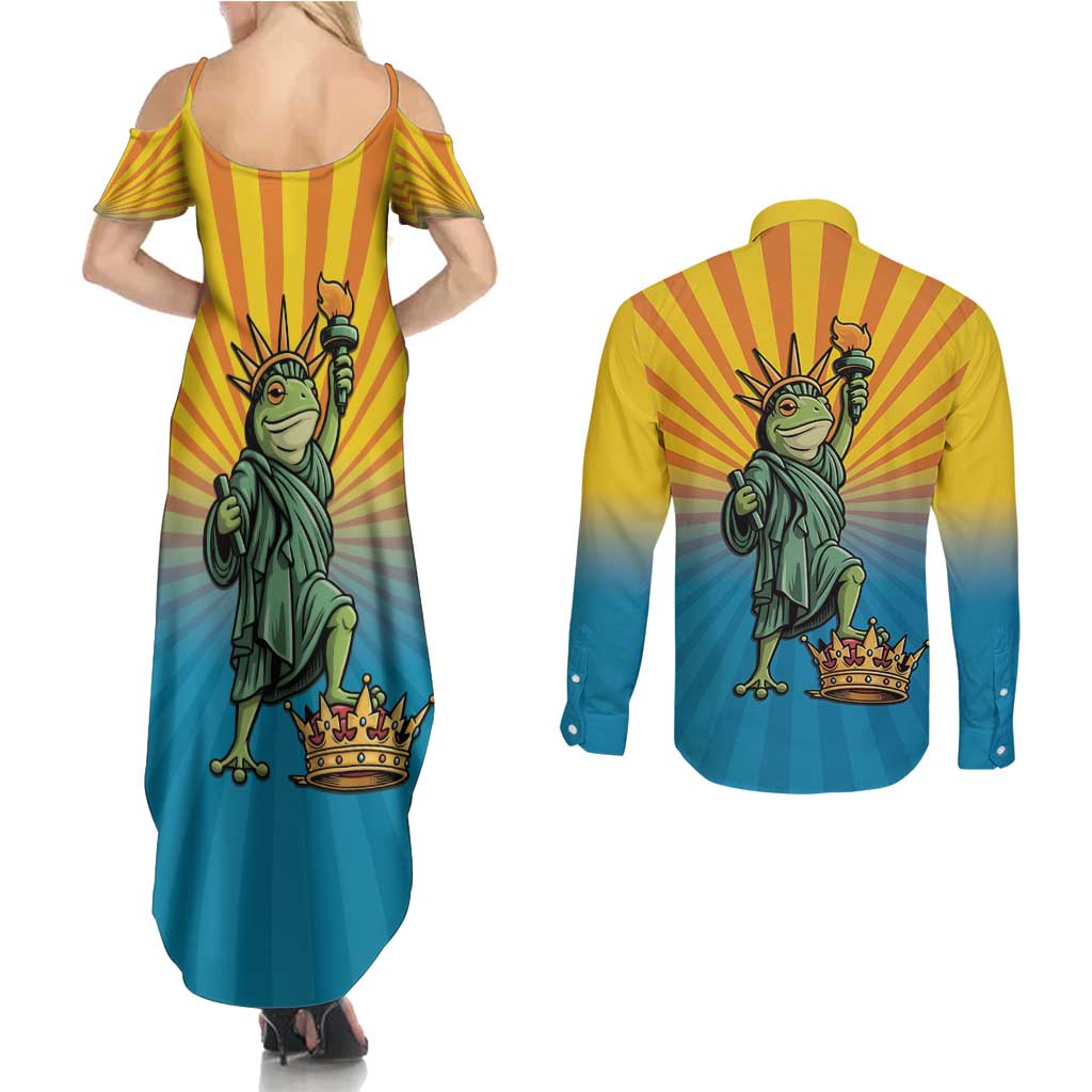 Lady Liberty Portland Frog Couples Matching Summer Maxi Dress and Long Sleeve Button Shirt Frog Protest No Kings In America - Wonder Print Shop
