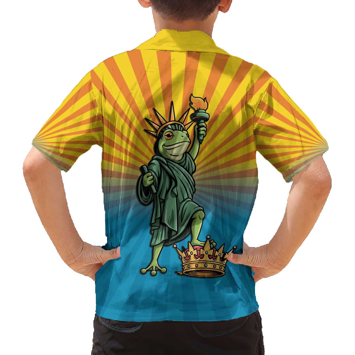 Lady Liberty Portland Frog Family Matching Off The Shoulder Long Sleeve Dress and Hawaiian Shirt Frog Protest No Kings In America - Wonder Print Shop