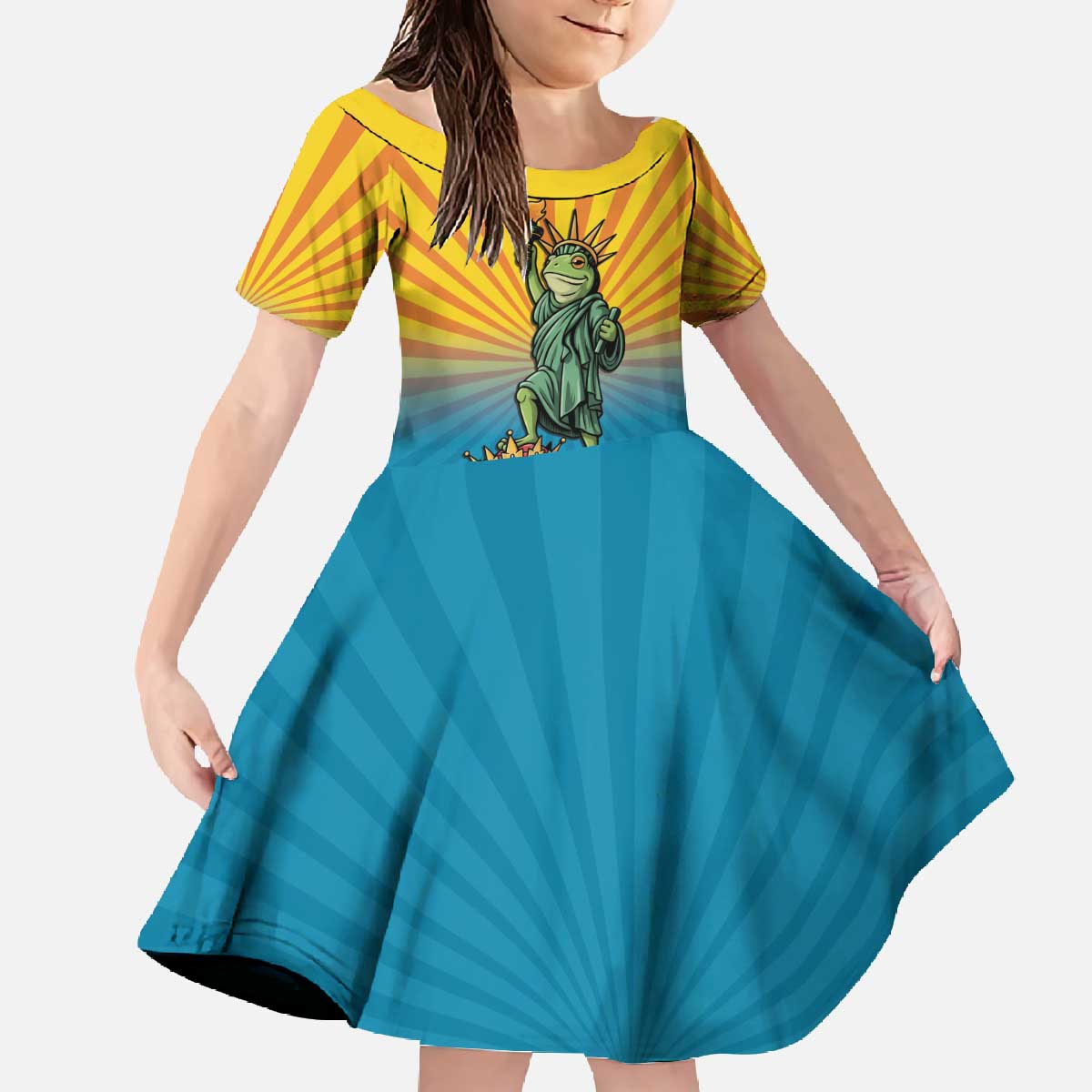 Lady Liberty Portland Frog Family Matching Off The Shoulder Long Sleeve Dress and Hawaiian Shirt Frog Protest No Kings In America - Wonder Print Shop