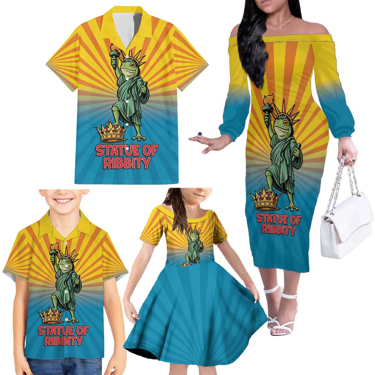 Lady Liberty Portland Frog Family Matching Off The Shoulder Long Sleeve Dress and Hawaiian Shirt Frog Protest No Kings In America - Wonder Print Shop