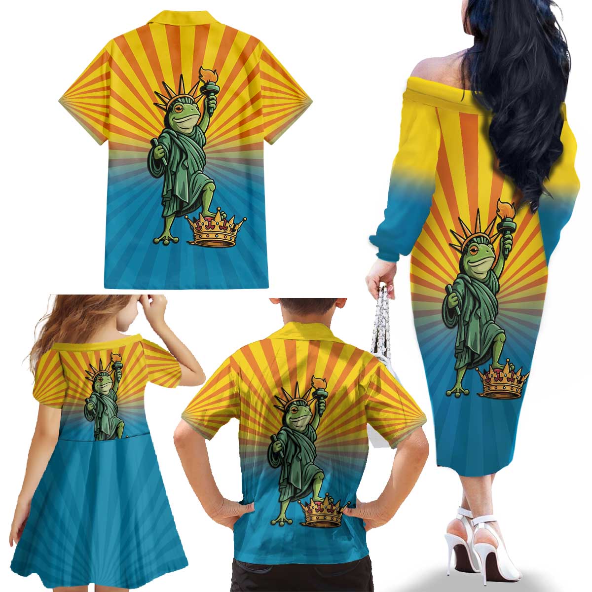Lady Liberty Portland Frog Family Matching Off The Shoulder Long Sleeve Dress and Hawaiian Shirt Frog Protest No Kings In America - Wonder Print Shop