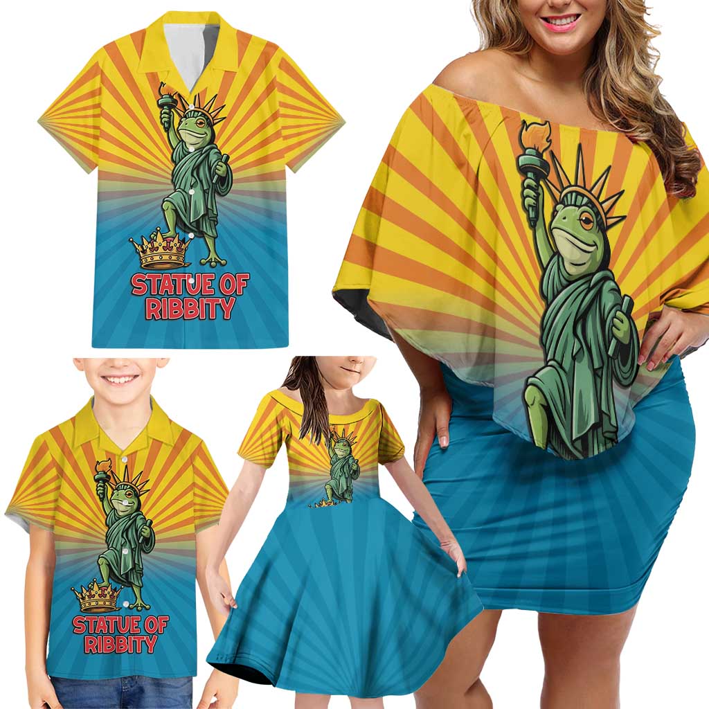 Lady Liberty Portland Frog Family Matching Off Shoulder Short Dress and Hawaiian Shirt Frog Protest No Kings In America - Wonder Print Shop