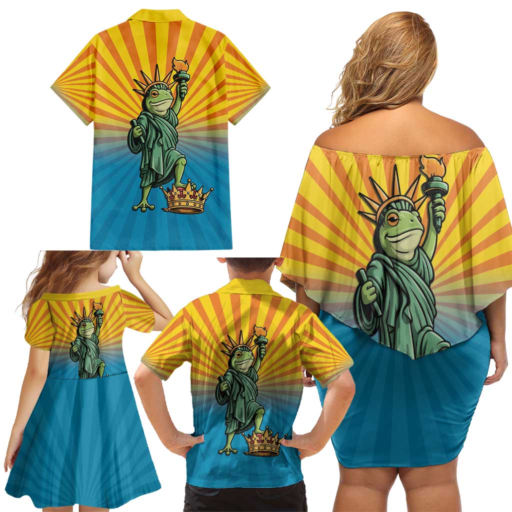 Lady Liberty Portland Frog Family Matching Off Shoulder Short Dress and Hawaiian Shirt Frog Protest No Kings In America - Wonder Print Shop