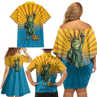 Lady Liberty Portland Frog Family Matching Off Shoulder Short Dress and Hawaiian Shirt Frog Protest No Kings In America - Wonder Print Shop