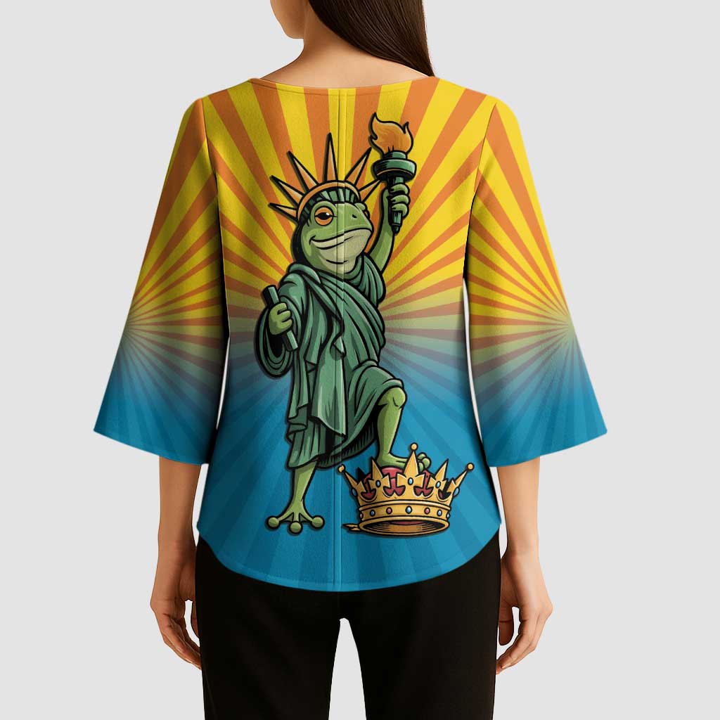 Lady Liberty Portland Frog Kimono Sleeve Blouse Frog Protest No Kings In America - Wonder Print Shop