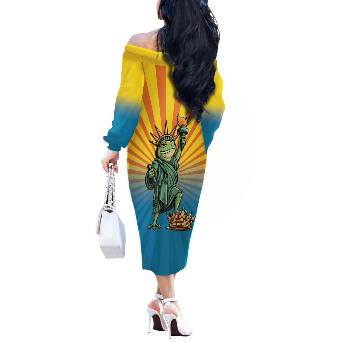 Lady Liberty Portland Frog Off The Shoulder Long Sleeve Dress Frog Protest No Kings In America - Wonder Print Shop