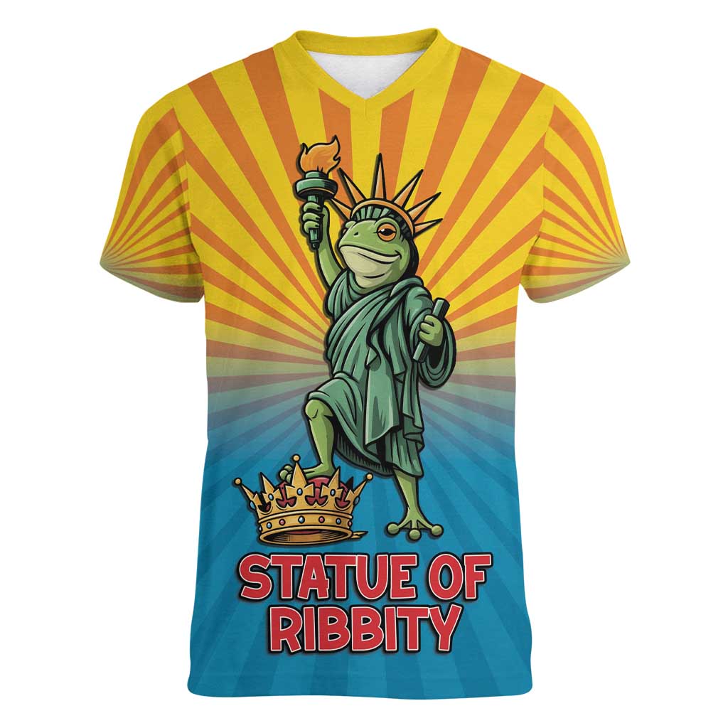 Lady Liberty Portland Frog Women V-Neck T-Shirt Frog Protest No Kings In America - Wonder Print Shop