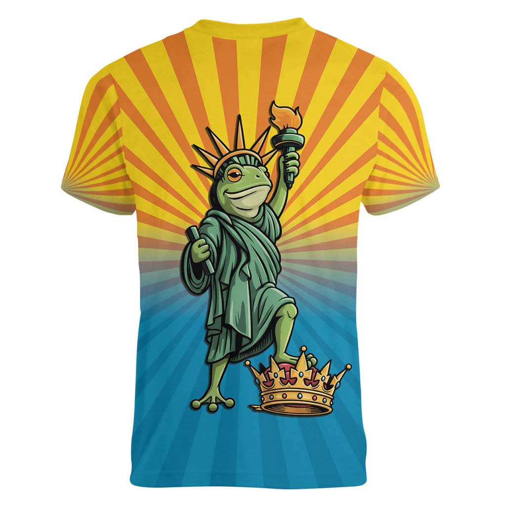 Lady Liberty Portland Frog Women V-Neck T-Shirt Frog Protest No Kings In America - Wonder Print Shop