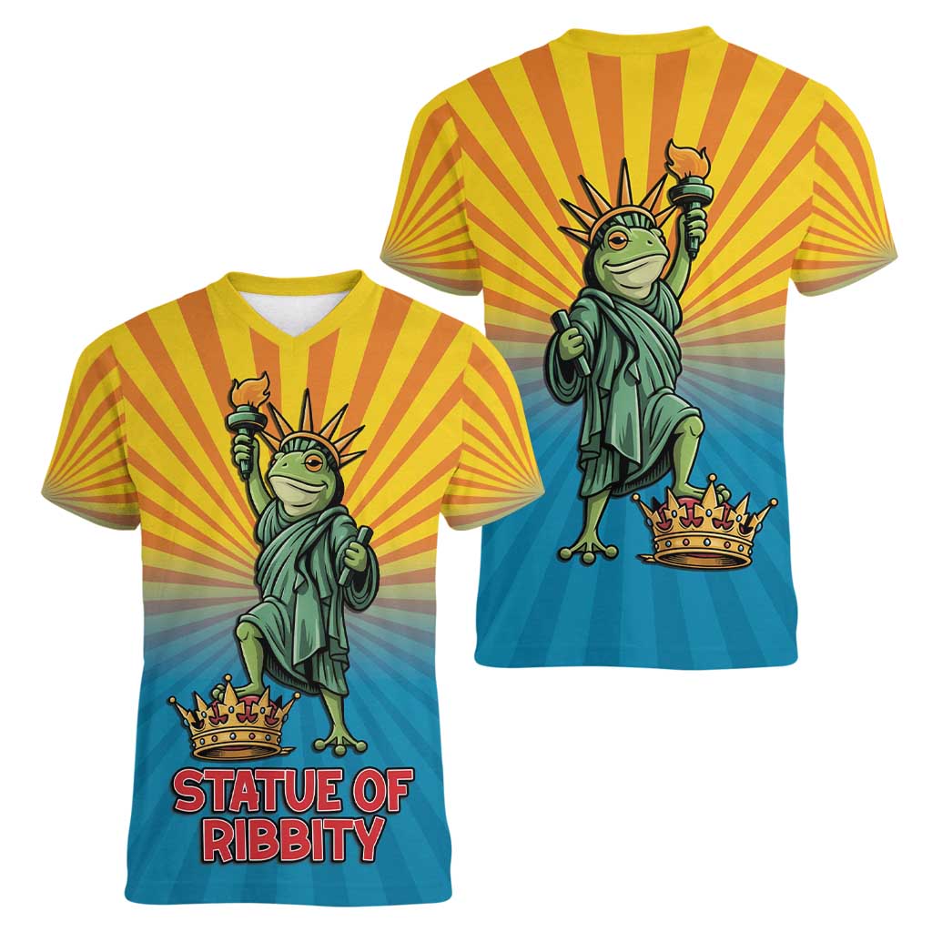 Lady Liberty Portland Frog Women V-Neck T-Shirt Frog Protest No Kings In America - Wonder Print Shop