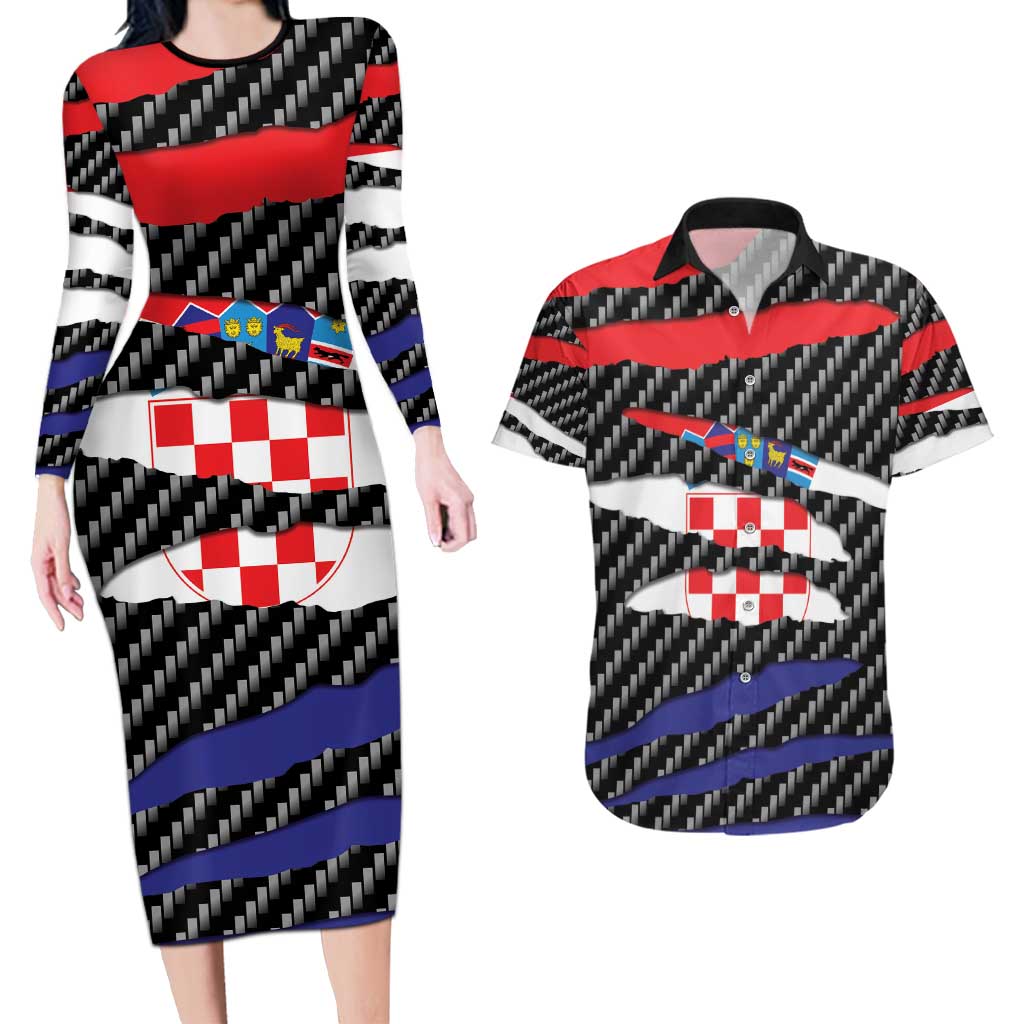 Croatia Beast Couples Matching Long Sleeve Bodycon Dress and Hawaiian Shirt Ripped Flag Graphic - Wonder Print Shop
