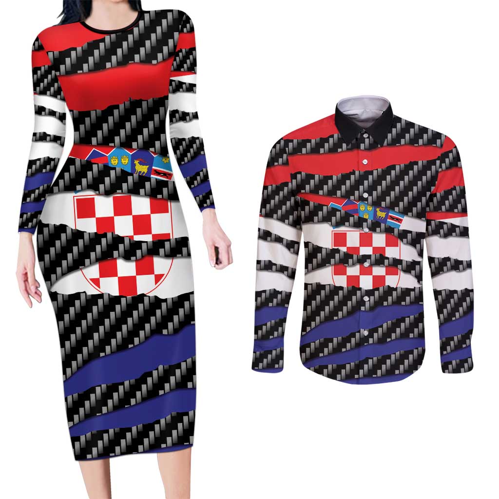 Croatia Beast Couples Matching Long Sleeve Bodycon Dress and Long Sleeve Button Shirt Ripped Flag Graphic - Wonder Print Shop