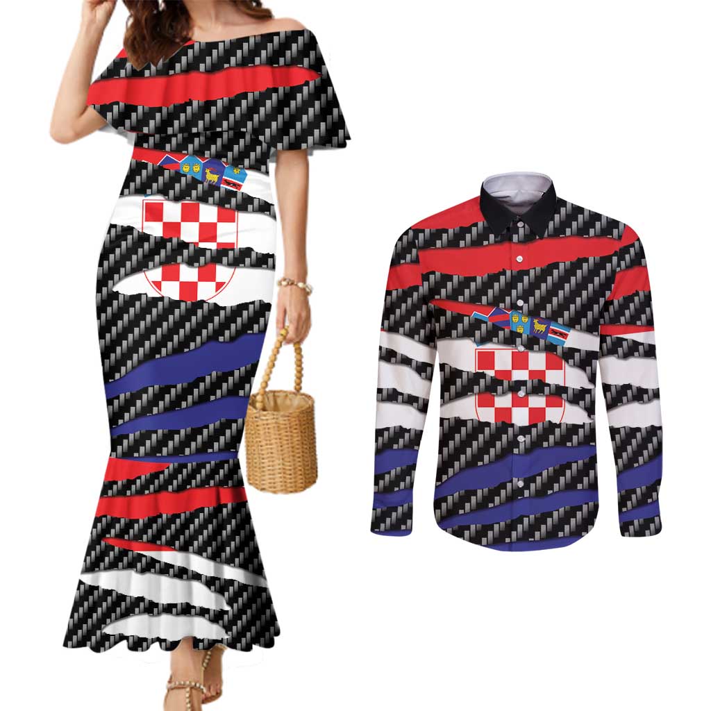 Croatia Beast Couples Matching Mermaid Dress and Long Sleeve Button Shirt Ripped Flag Graphic - Wonder Print Shop
