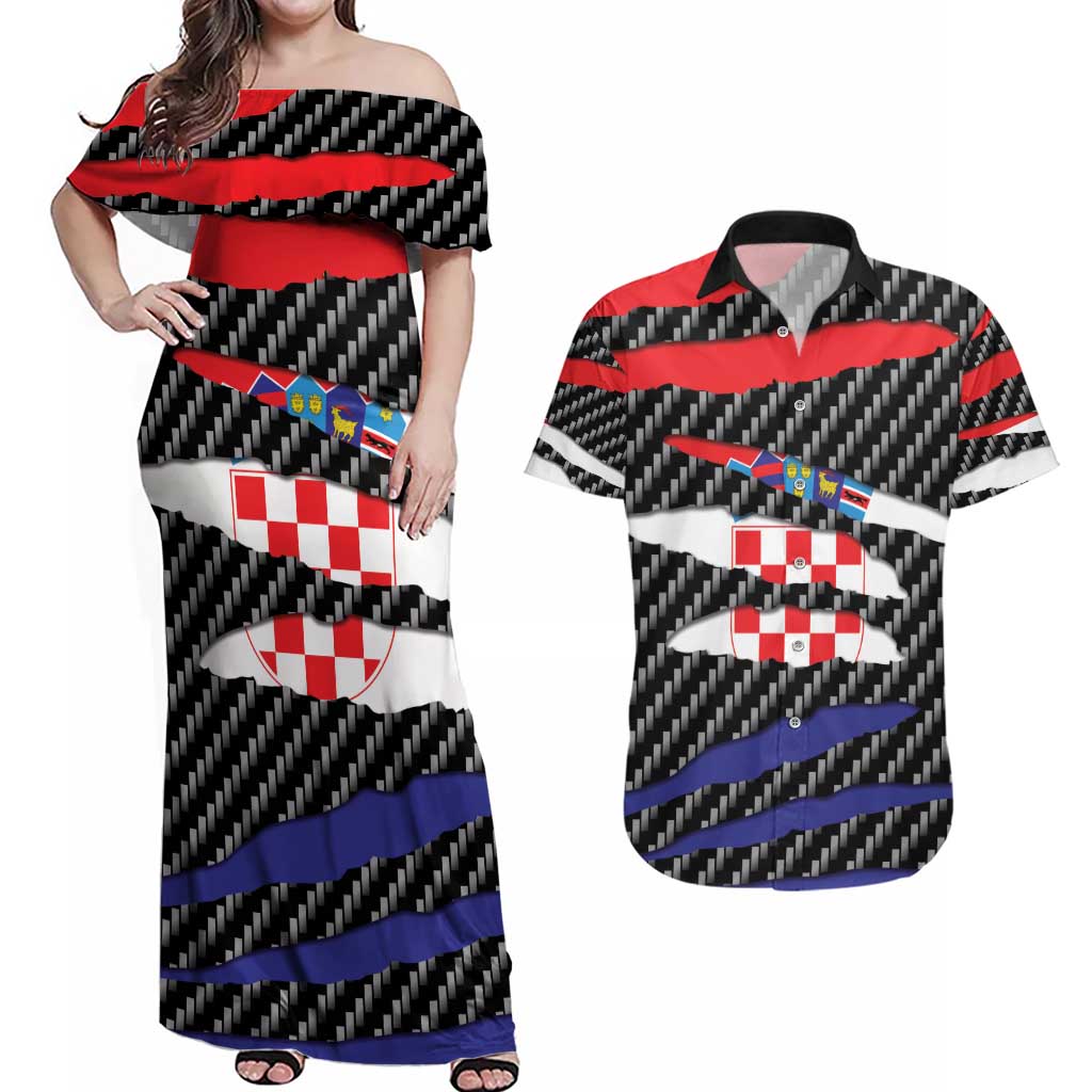 Croatia Beast Couples Matching Off Shoulder Maxi Dress and Hawaiian Shirt Ripped Flag Graphic - Wonder Print Shop