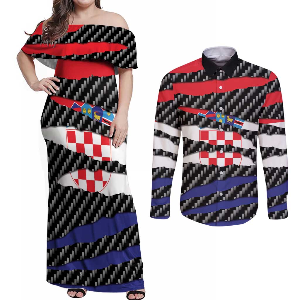 Croatia Beast Couples Matching Off Shoulder Maxi Dress and Long Sleeve Button Shirt Ripped Flag Graphic - Wonder Print Shop