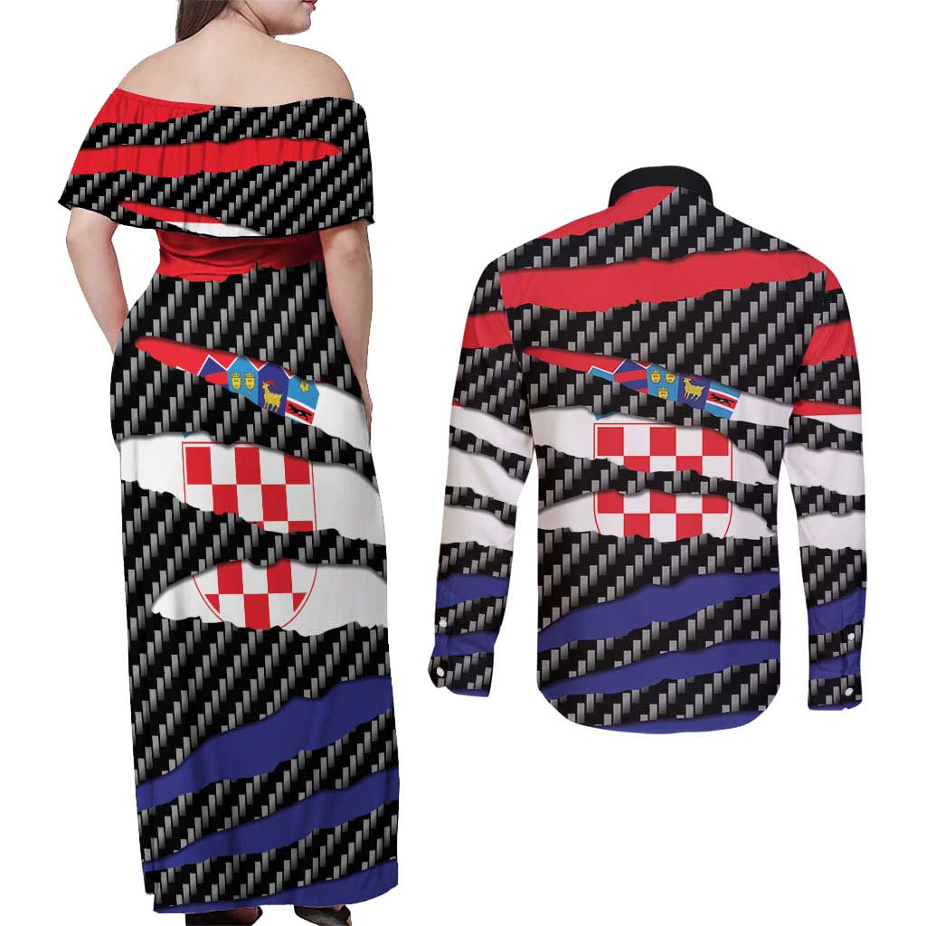 Croatia Beast Couples Matching Off Shoulder Maxi Dress and Long Sleeve Button Shirt Ripped Flag Graphic - Wonder Print Shop