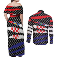 Croatia Beast Couples Matching Off Shoulder Maxi Dress and Long Sleeve Button Shirt Ripped Flag Graphic - Wonder Print Shop