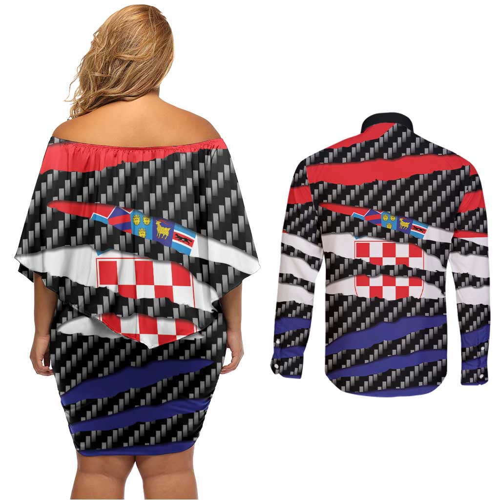 Croatia Beast Couples Matching Off Shoulder Short Dress and Long Sleeve Button Shirt Ripped Flag Graphic - Wonder Print Shop