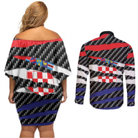 Croatia Beast Couples Matching Off Shoulder Short Dress and Long Sleeve Button Shirt Ripped Flag Graphic - Wonder Print Shop