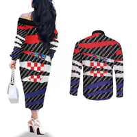 Croatia Beast Couples Matching Off The Shoulder Long Sleeve Dress and Long Sleeve Button Shirt Ripped Flag Graphic - Wonder Print Shop