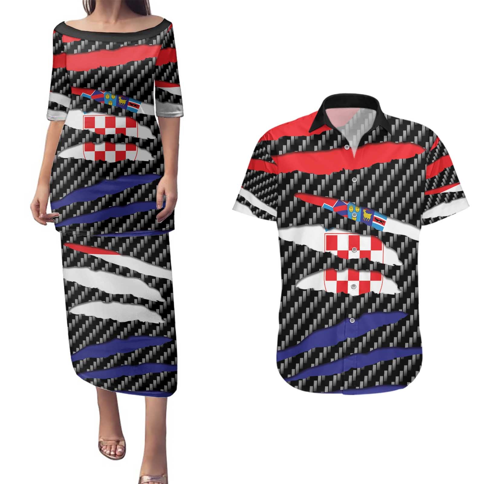 Croatia Beast Couples Matching Puletasi and Hawaiian Shirt Ripped Flag Graphic - Wonder Print Shop