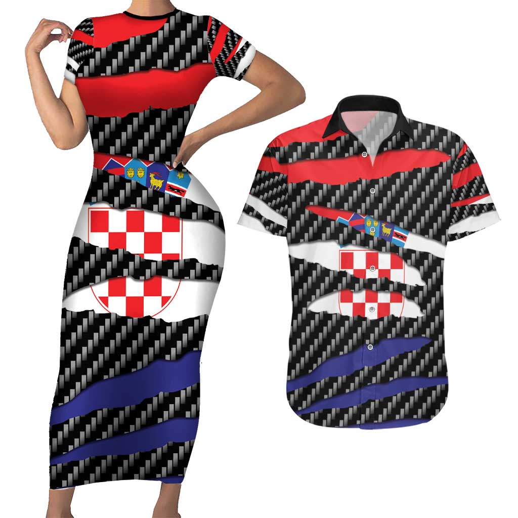 Croatia Beast Couples Matching Short Sleeve Bodycon Dress and Hawaiian Shirt Ripped Flag Graphic - Wonder Print Shop