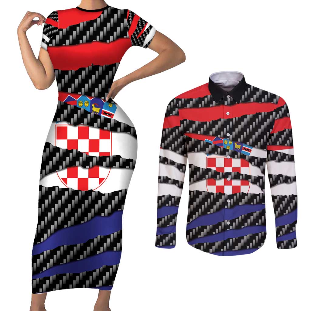 Croatia Beast Couples Matching Short Sleeve Bodycon Dress and Long Sleeve Button Shirt Ripped Flag Graphic - Wonder Print Shop