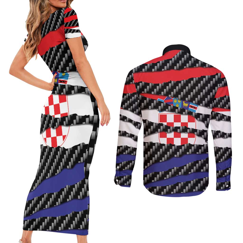 Croatia Beast Couples Matching Short Sleeve Bodycon Dress and Long Sleeve Button Shirt Ripped Flag Graphic - Wonder Print Shop