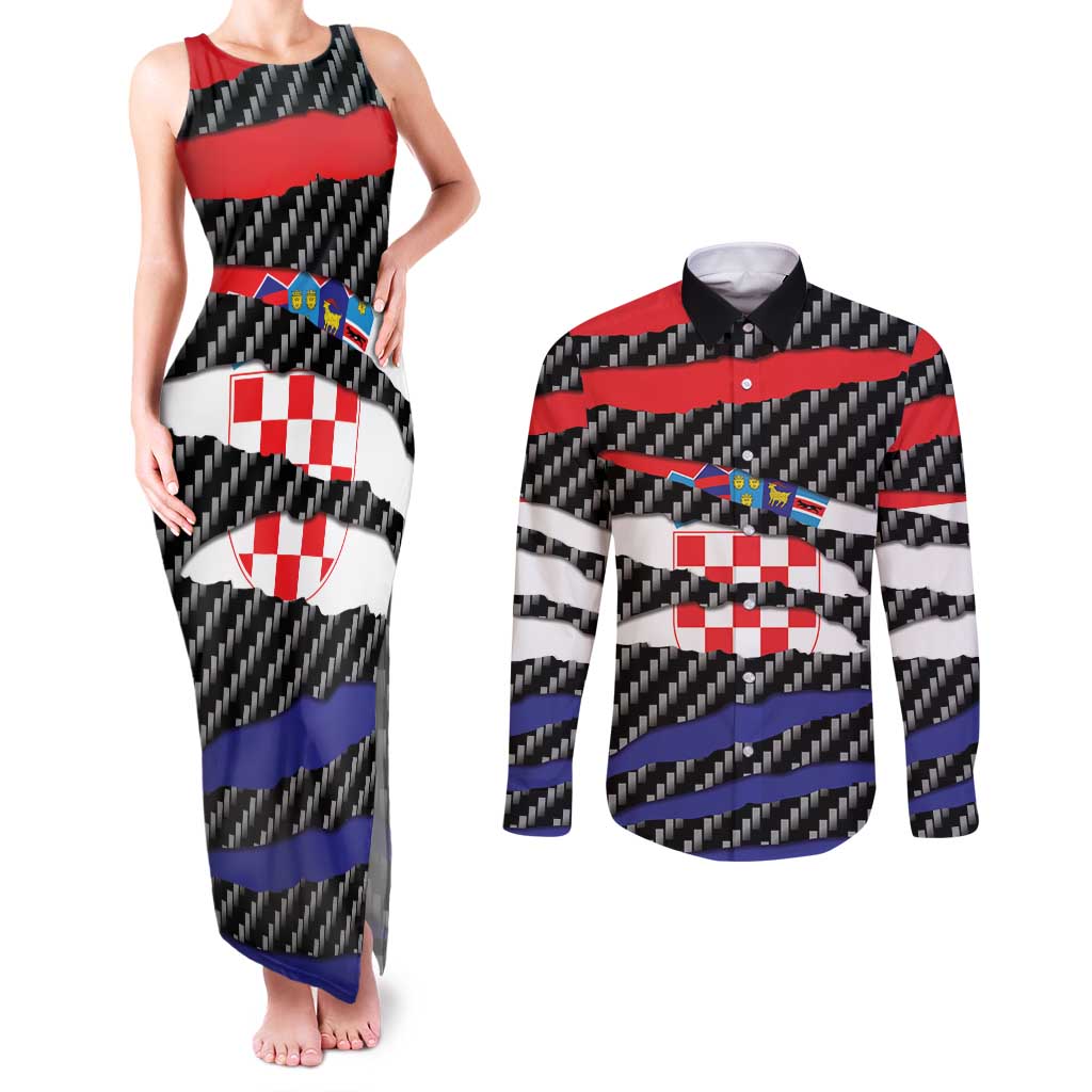 Croatia Beast Couples Matching Tank Maxi Dress and Long Sleeve Button Shirt Ripped Flag Graphic - Wonder Print Shop