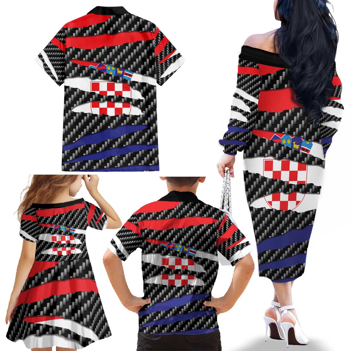 Croatia Beast Family Matching Off The Shoulder Long Sleeve Dress and Hawaiian Shirt Ripped Flag Graphic - Wonder Print Shop