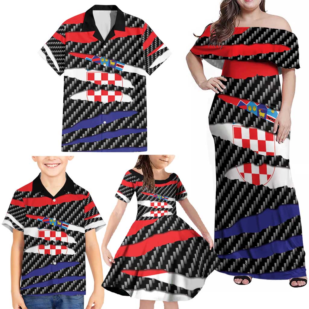 Croatia Beast Family Matching Off Shoulder Maxi Dress and Hawaiian Shirt Ripped Flag Graphic - Wonder Print Shop